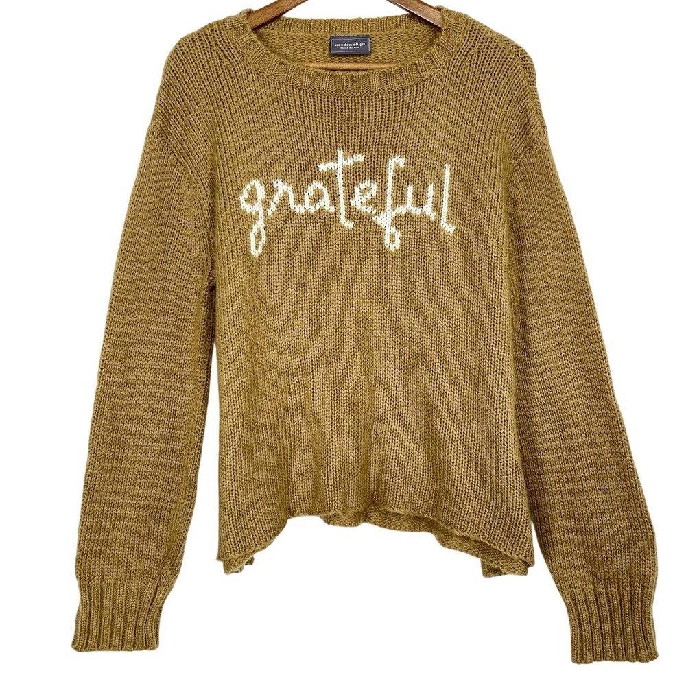 Wooden Ships M/L Sweater Grateful Knit Crewneck Brown Neutral Cozy Mohair‎ Wool